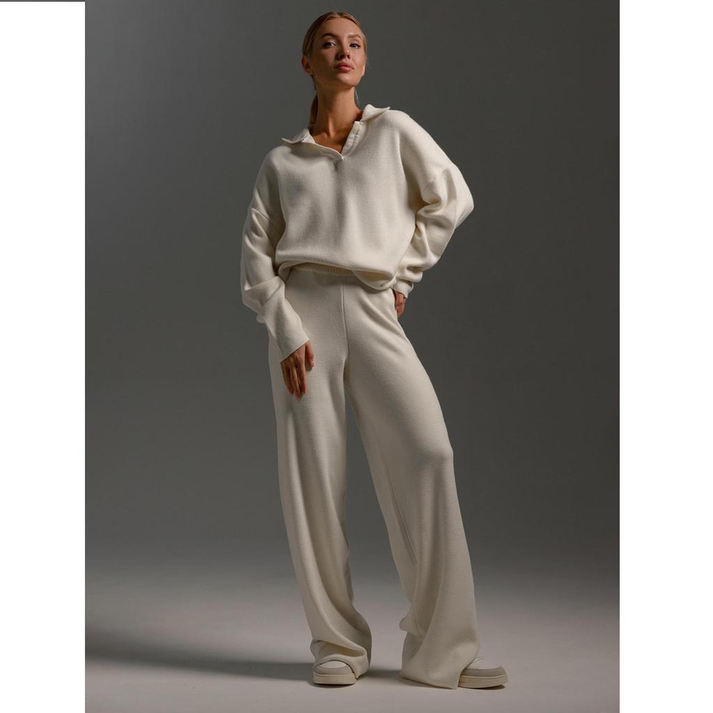 Solid Color Lapel Sweater Set Knit Sweater+straight Leg Wide Leg Pants Two-piece Set High Neck