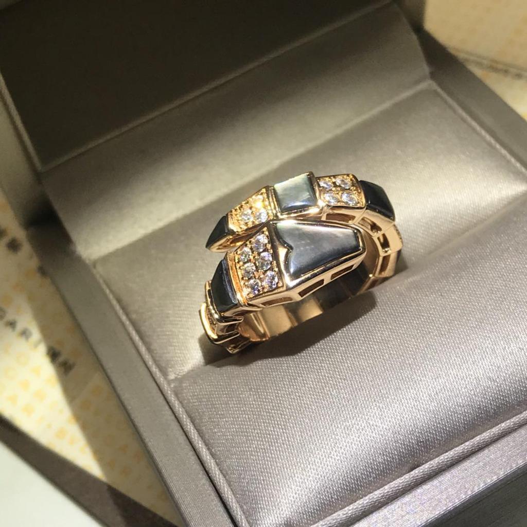 High Version 925 Sterling Silver Two-Row Diamond & Mother-of-Pearl Snake Ring