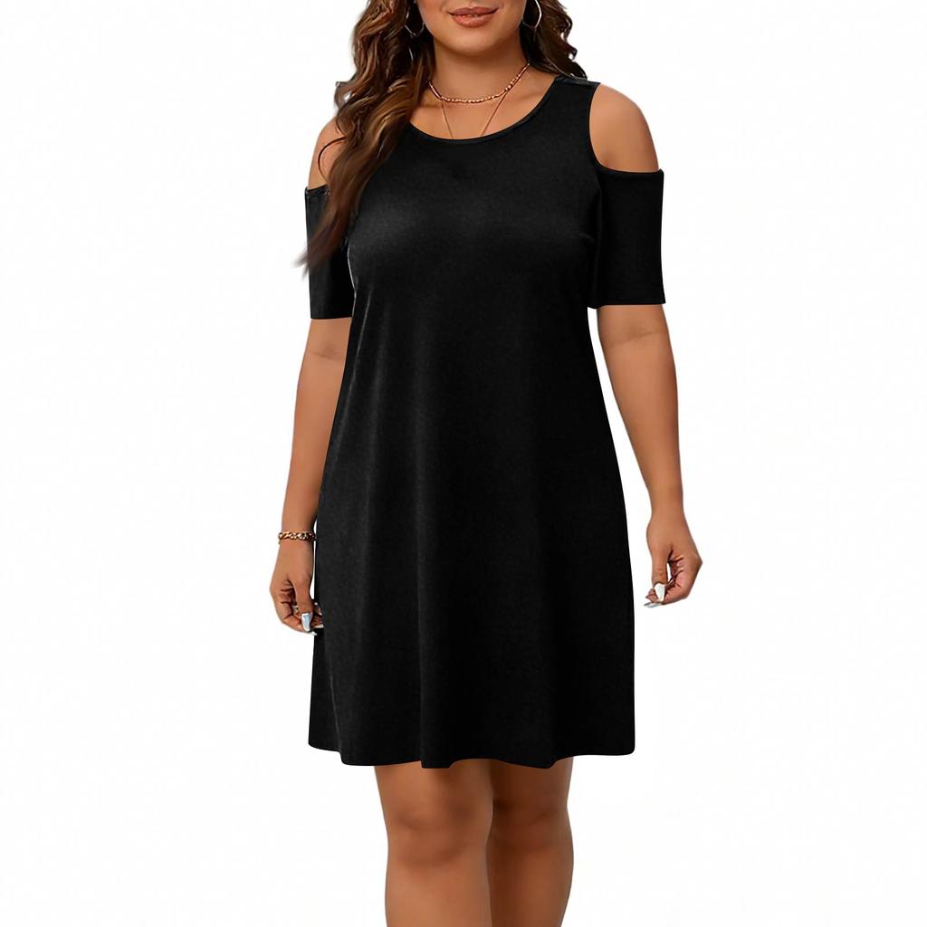 Casual, losvallende jurk met ronde hals, korte mouwen en blote schouders voor dames in grote maten