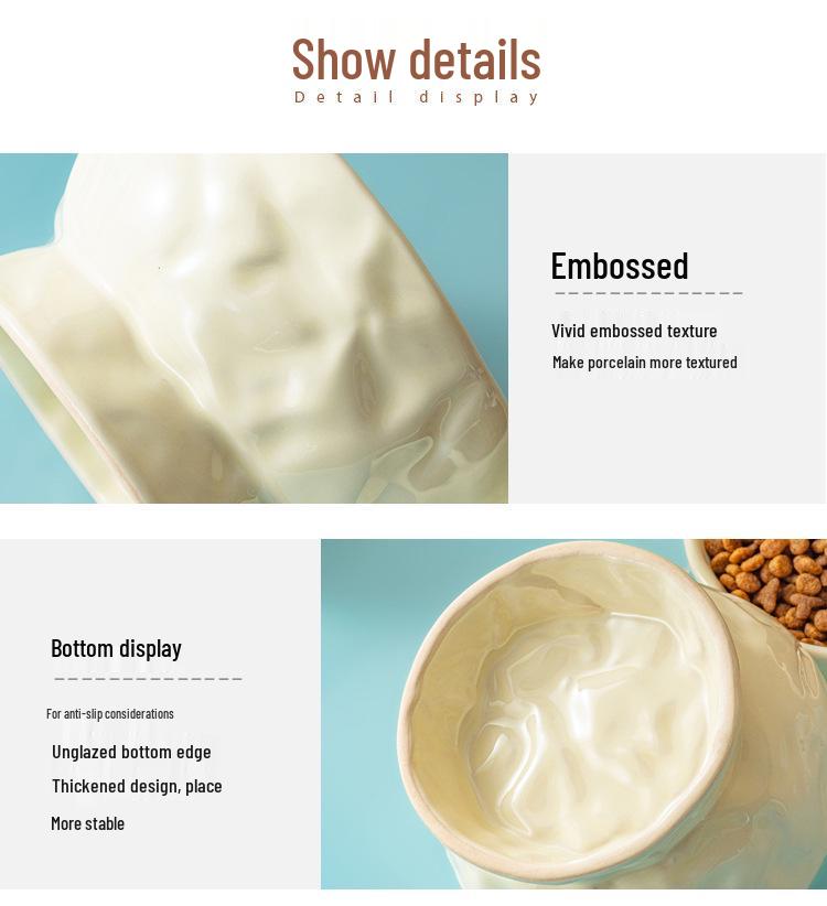 Ceramic Cat & Dog Feeder: Cute, Slanted Double Bowl with High-Leg Design for Neck Protection and Anti-Tip Stability.