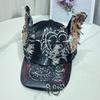 2000s Punk Baseball Cap With Animal Ear And Distressed Lookings Metal Rings Hat For Bold Fashion Statement
