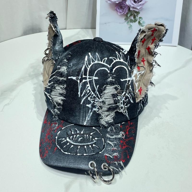 2000s Punk Baseball Cap With Animal Ear And Distressed Lookings Metal Rings Hat For Bold Fashion Statement