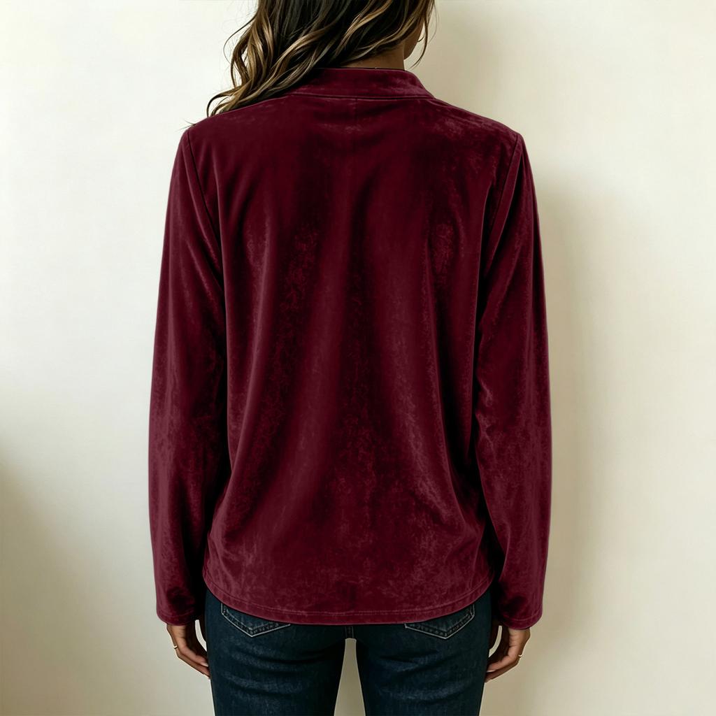 Women's Color Velvet V-Neck Loose Fit Casual Top for Fall Winter