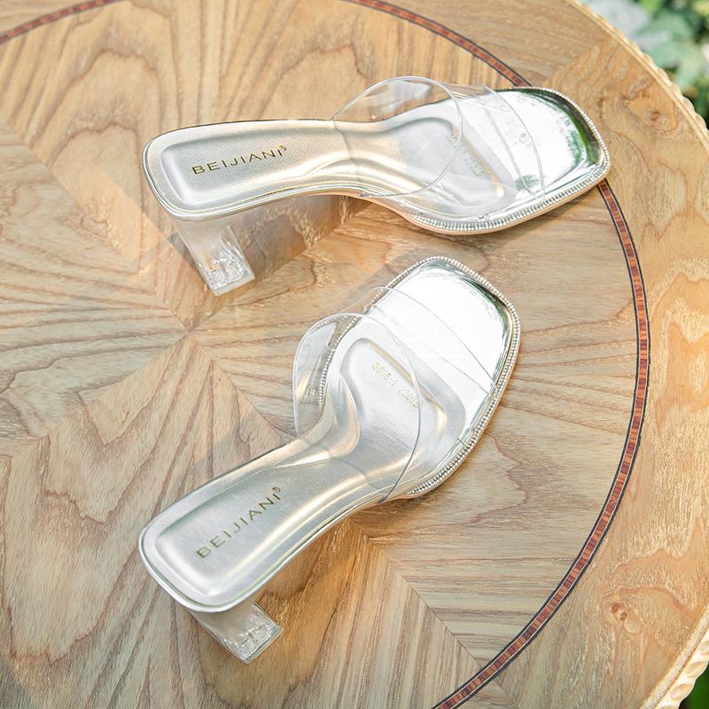 

Brick-inlaid edge with transparent glue high-heeled slippers women s outer wear square head thick-heeled sandals CM summer 39
