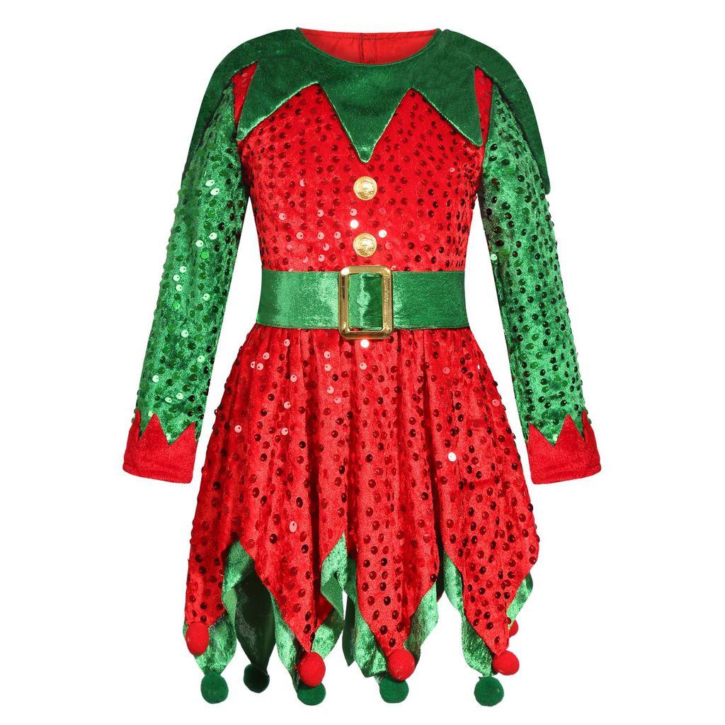 Kids Girls Santa Claus Xmas Elf Red Dress Socks Hat Sets Children Christmas New Year Cosplay Costumes Performance Role Play Outfit