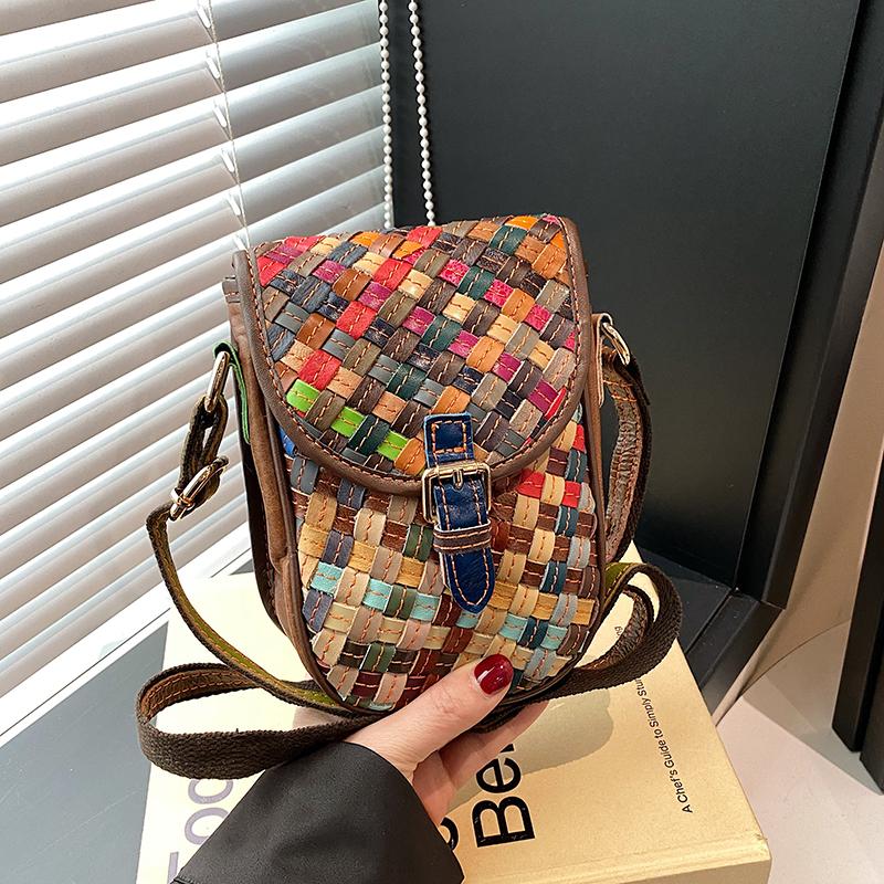Fashion Leather Cowhide Mobile Phone Bag Color Rhombus Splicing Hand-woven Shoulder Mini Messenger Women's Bag