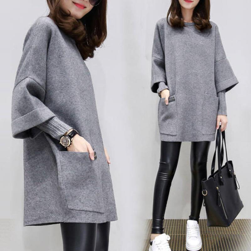 Women Plus Size Loose Pullover Sweatshirt Round Neck Patchwork Long Sleeve Pockets Mid-Length Solid Color Autumn Casual Top