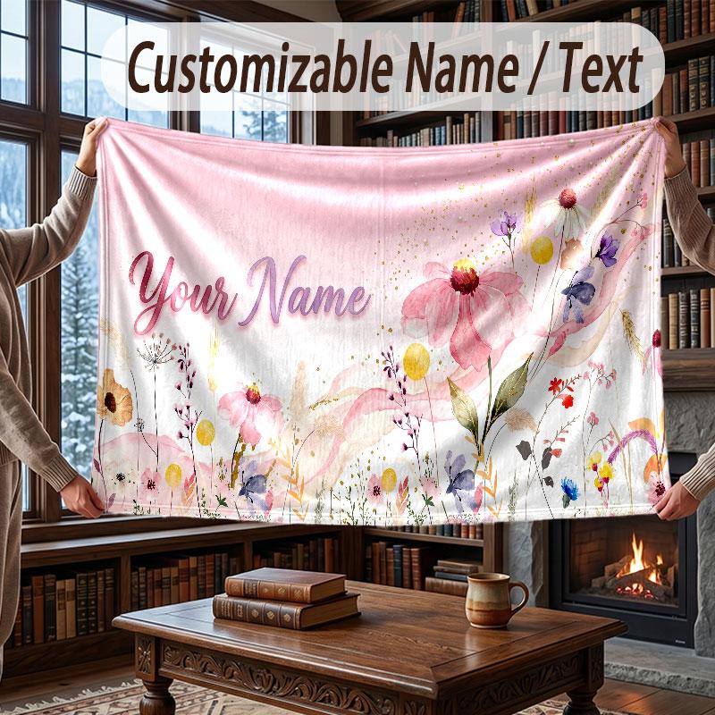 Floral Garden Theme Throw Blanket Custom Name Text Personalized Blanket Soft Cozy Blanket for Home Sofa Bed