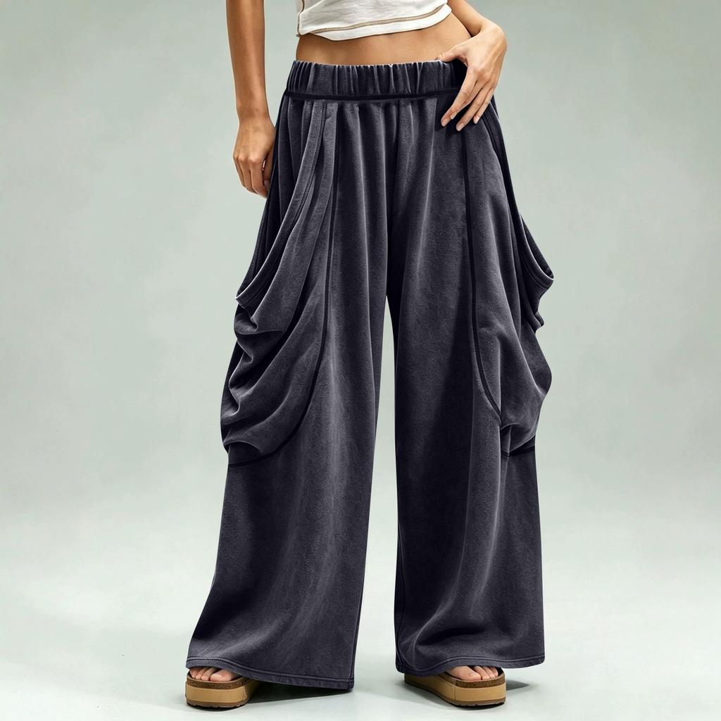Women's Fashion Wide Leg Pants with Elastic Waist and Large Pockets, Color Loose Fit Casual Trousers