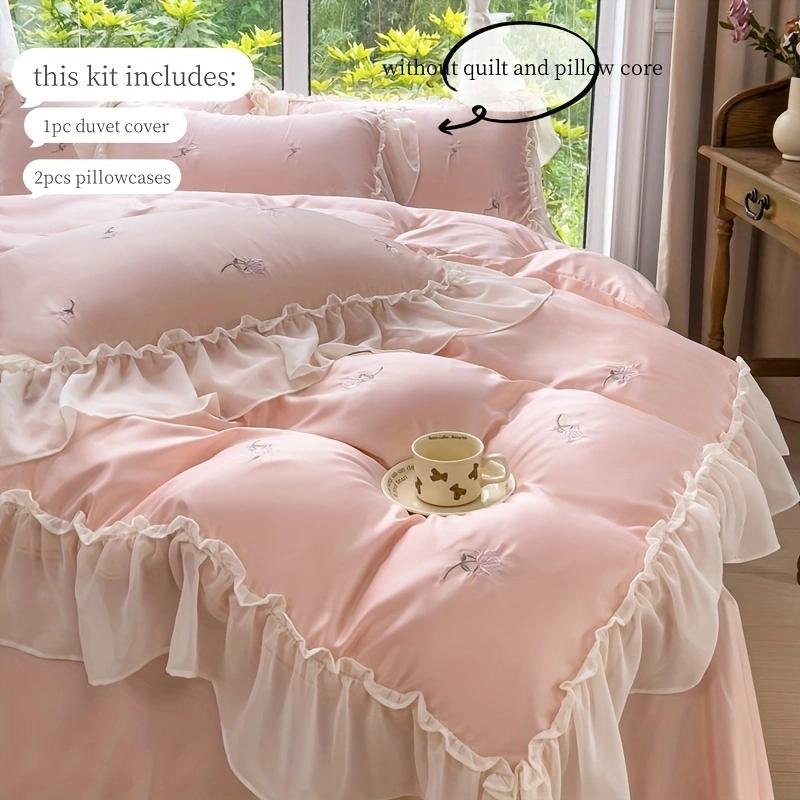 

3pcs Elegant rose embroidery Bedding set Lace Duvet Cover Set (1*Duvet Cover + 2*Pillowcase, Without Core)for bedroom guest room 135x200cm рожевий