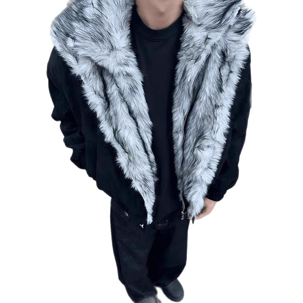 2025 Unisex American Style Faux Two-Piece Mountain Wolf Throne Jacket - Winter Warm Double Layer Shearling Collar Coat