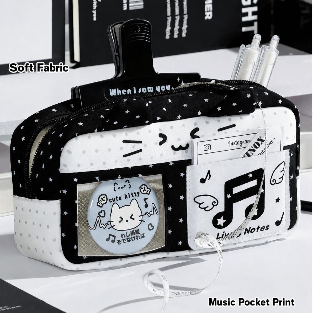 Music Note Star Print Pen Bag Cat Ear Design Stationery Bag Portable Pencil Case  Stationery Gift