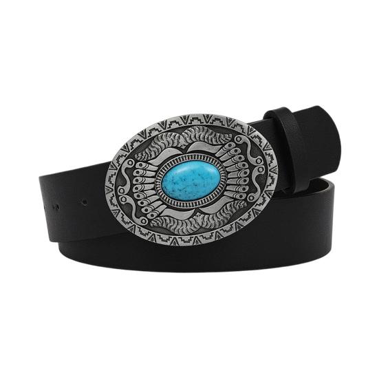 Western Belt Retro Turquoise Design Distressed Silver Buckle Faux Leather Wide Navajo Ethnic Style