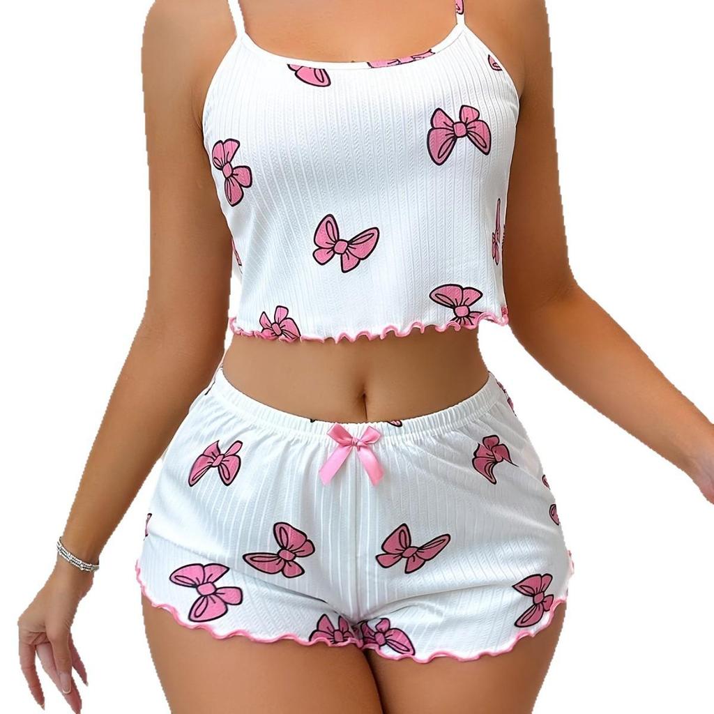 Bow Print European & American Style Women's Pajama Set: Sexy Camisole & Shorts Two-Piece Home Wear