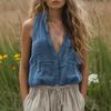 Women's Linen Blend Sleeveless Halter Shirt Button-Down V-Neck Tank