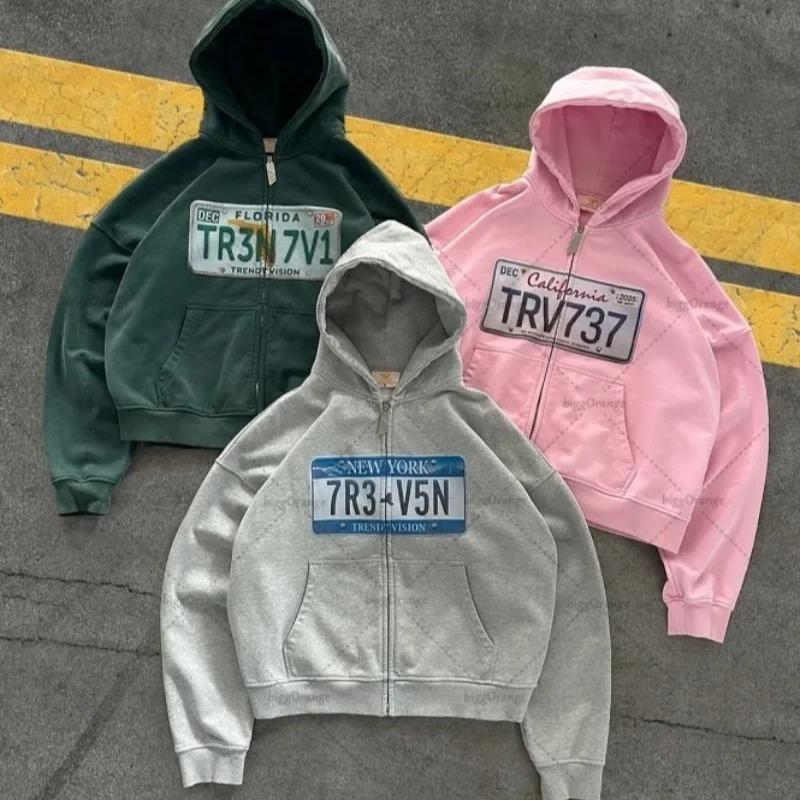 ROADVIBE Y2K Retro Zip Up Hoodie Hip-Hop Printed Letter Casual Streetwear for Men and Women Gothic Harajuku Fashion Oversized Sweatshirts