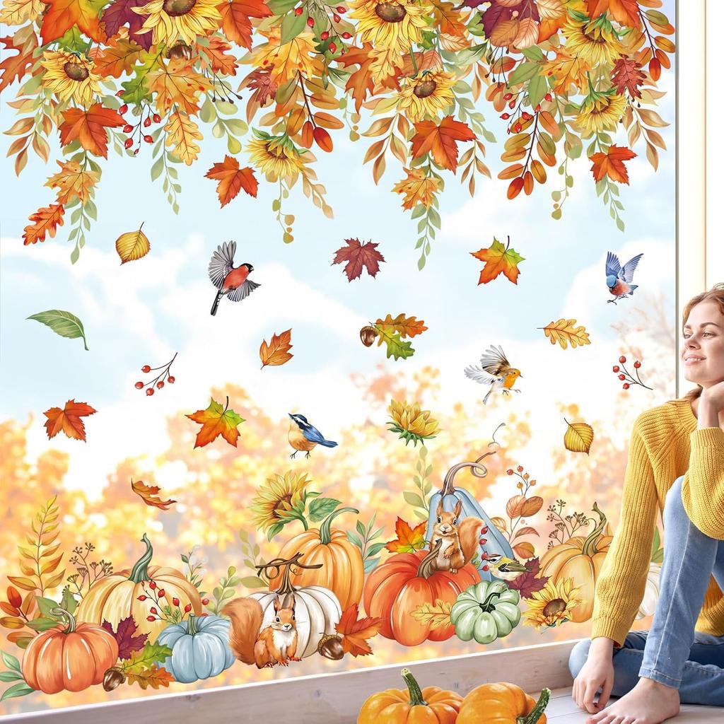Wondever Fall Sunflower Window Clings Thanksgiving Autumn Harvest Hanging Flower Vine Pumpkin Glass Sticker Decal Anti Collision Double-Side Static