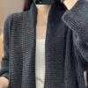 Women Sweater Coat Lapel Long Sleeve Open Front Knitting Cardigan with Large Pockets Solid Color Loose Fit Mid-length Outwear