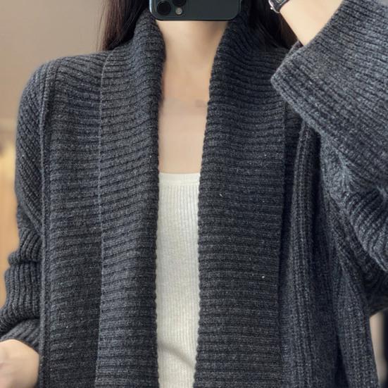 Women Sweater Coat Lapel Long Sleeve Open Front Knitting Cardigan with Large Pockets Solid Color Loose Fit Mid-length Outwear