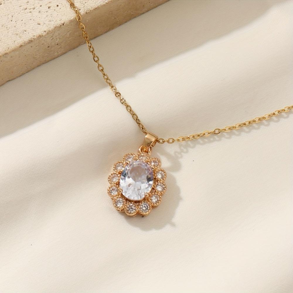 Elegant Oval Zirconia Drop Necklace, Golden Vintage Statement Jewelry