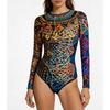 Women Long Sleeve One Piece Mesh Swimsuit With Chest Cup Printed Swimwear