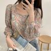 Cute Top Floral Print Young Square Neck Puff Sleeve Lovely Ladies Blouse for Work