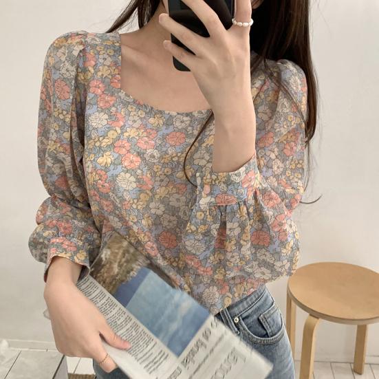 Cute Top Floral Print Young Square Neck Puff Sleeve Lovely Ladies Blouse for Work