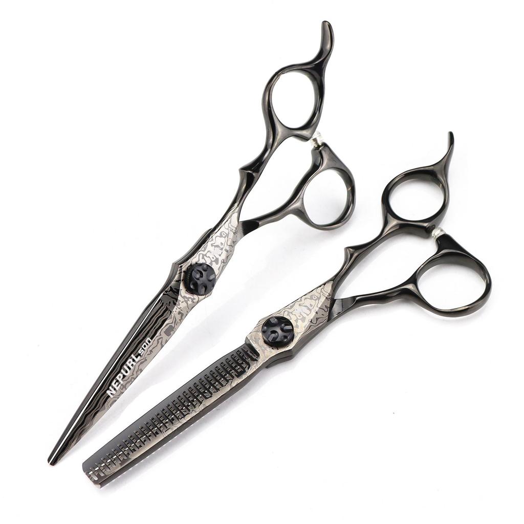 MCG-15 Black Damascus Hairdressing Scissors Set: Straight, Serrated, and Thinning Scissors for Hair Salon