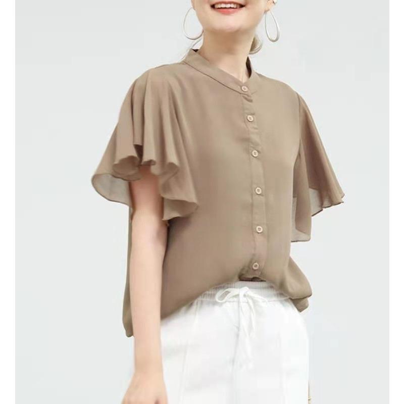 

Свободный воротник-стойка, однотонная рубашка с короткими рукавами и оборками по краю для женщин, шифоновый топ XL светло-коричневого