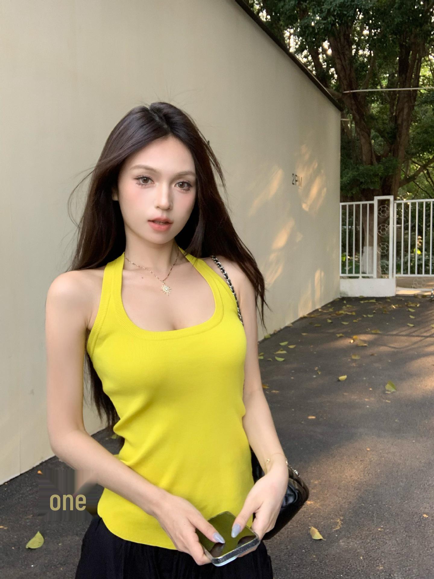 

Желтый пикантный облегающий топ-майка халтер для женщин - летний топ без рукавов с открытой спиной Large жёлтый