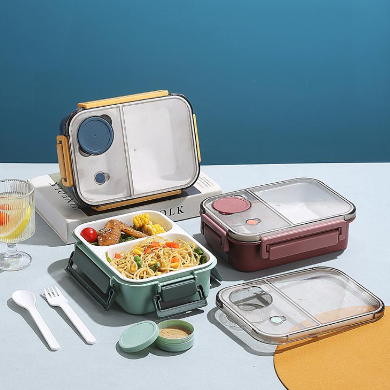 Bærbar Bento-lunsjboks i plast med saus og servise for voksne. Mikrobølgeovn Lekkasikker matoppbevaringsbeholdere