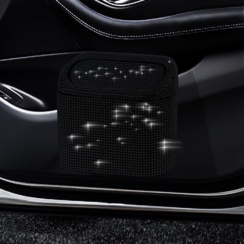 Rhinestone Car Trash Can - Flip-Top Hanging Interior Storage Bin