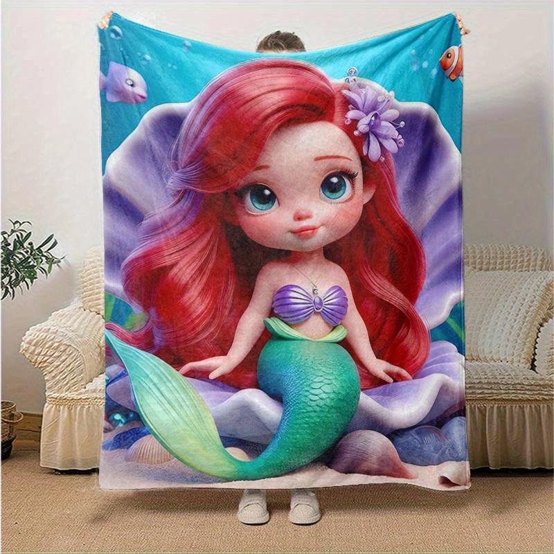 1PC Cartoon Mermaid Blanket, Sea Shell Design, Soft Flannel Throw Blanket, Versatile & Cozy for Bedroom, Soft Throw for Bedding, Couch, or G