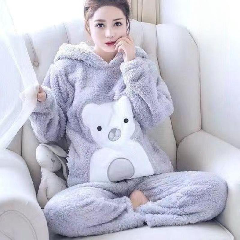 Winter Kawaiii Bear Women's Pajamas Set Pyjamas Sets Thick Sleepwear Flannel Coral Velvet Long Sleeve Loungewear
