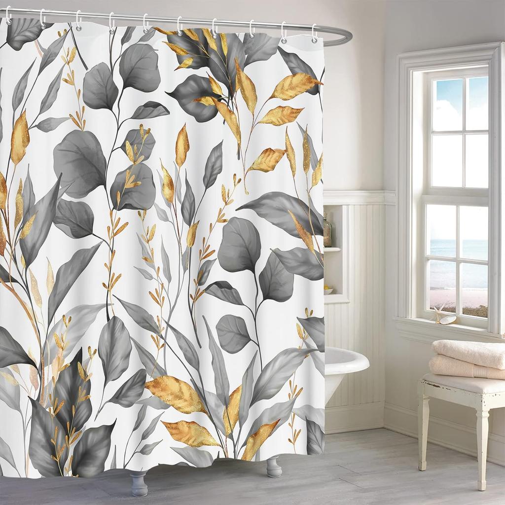 Gold Black Marble Shower Curtain, Luxury Abstract Grey Design, Modern Fabric Bath Set with Hooks