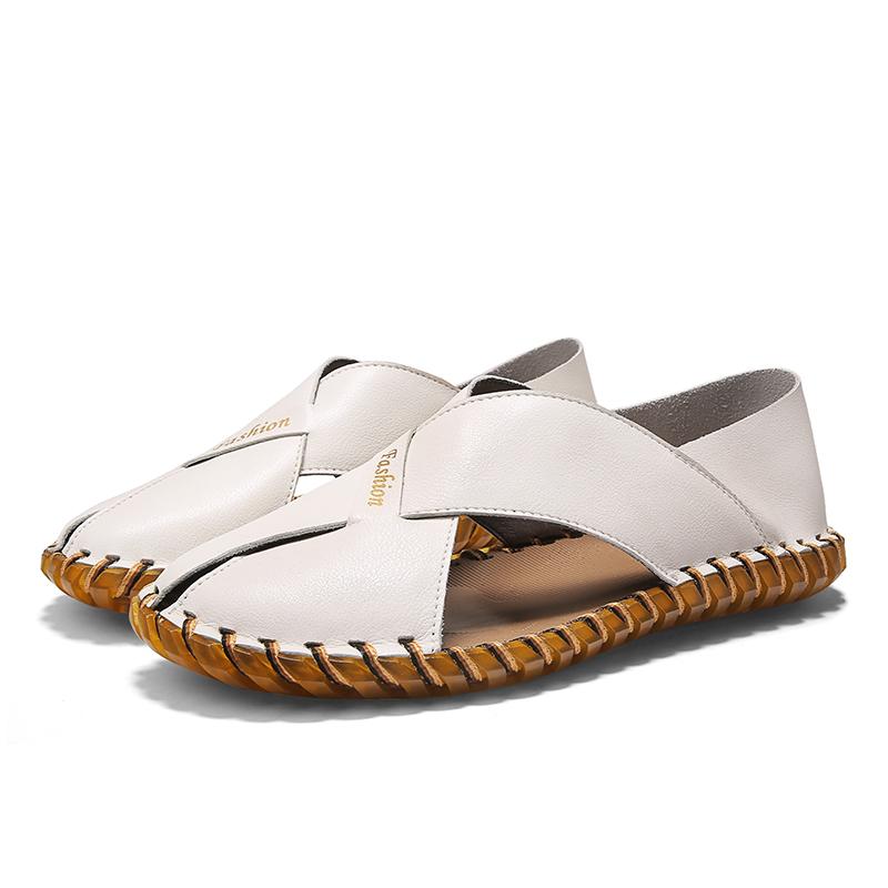 

Новые кожаные кроссовки для пляжного отдыха, летние повседневные ультралегкие сандалии на мягкой подошве, римская обувь для ходьбы, мужская обувь для вождения, ручная работа 44 белый