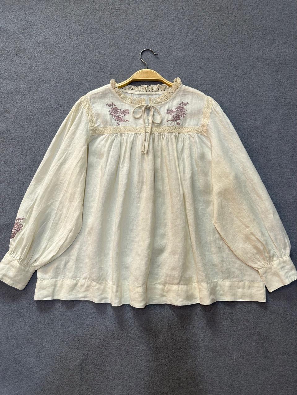 

Johnature Mori, винтажные женские блузки с вышивкой на шнуровке, топы, повседневные свободные простые рубашки с галстуками и оборками, осень One Size бежевый