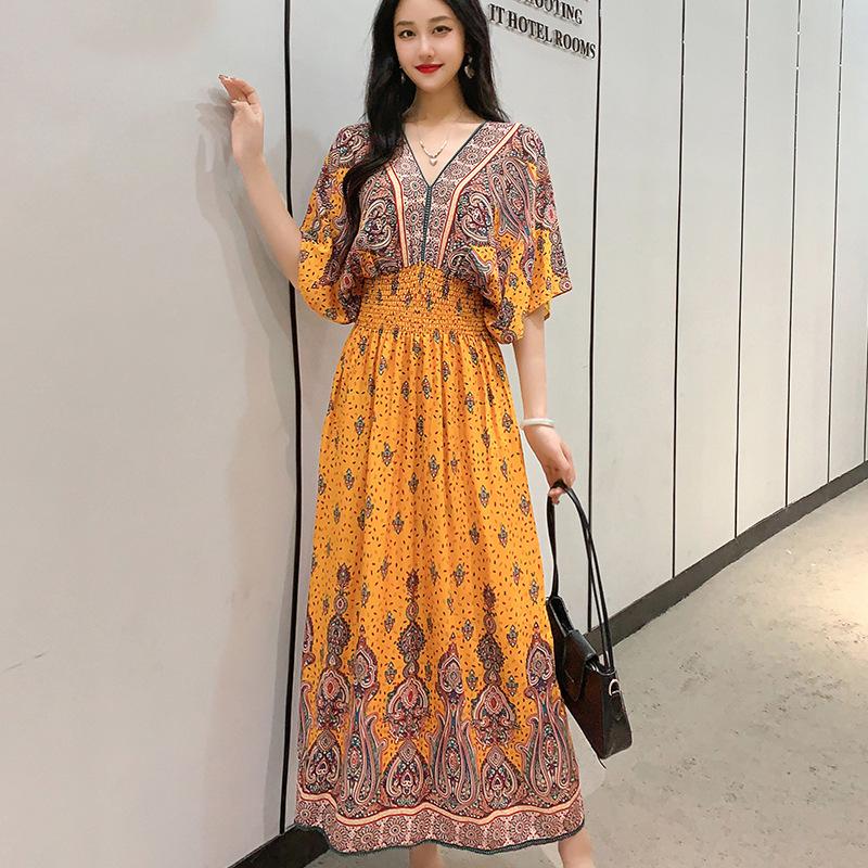 Dame Casual Blomstret V-halskjole Irregulær Tone Casual Rund hals Lang