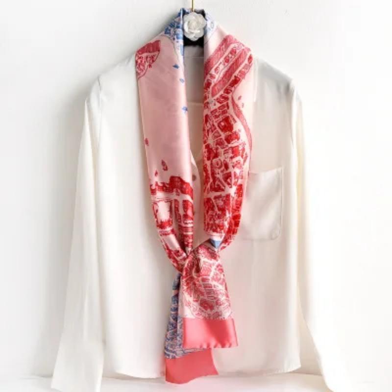 Hijab Real Long Silk Women Print Elegant Neck Scarves Hair Head Ribbon Tie Bag Handle Decoration Foulard Collar Kerchief