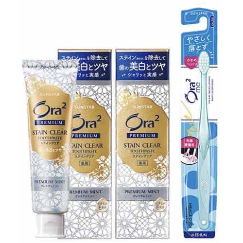 

Ora2 Premium Stain Clear Toothpaste, Premium Mint (Whitening Toothpaste for Teeth Whitening, Stain Removal, and Bad Breath) 100g x 2 + Toothbrush