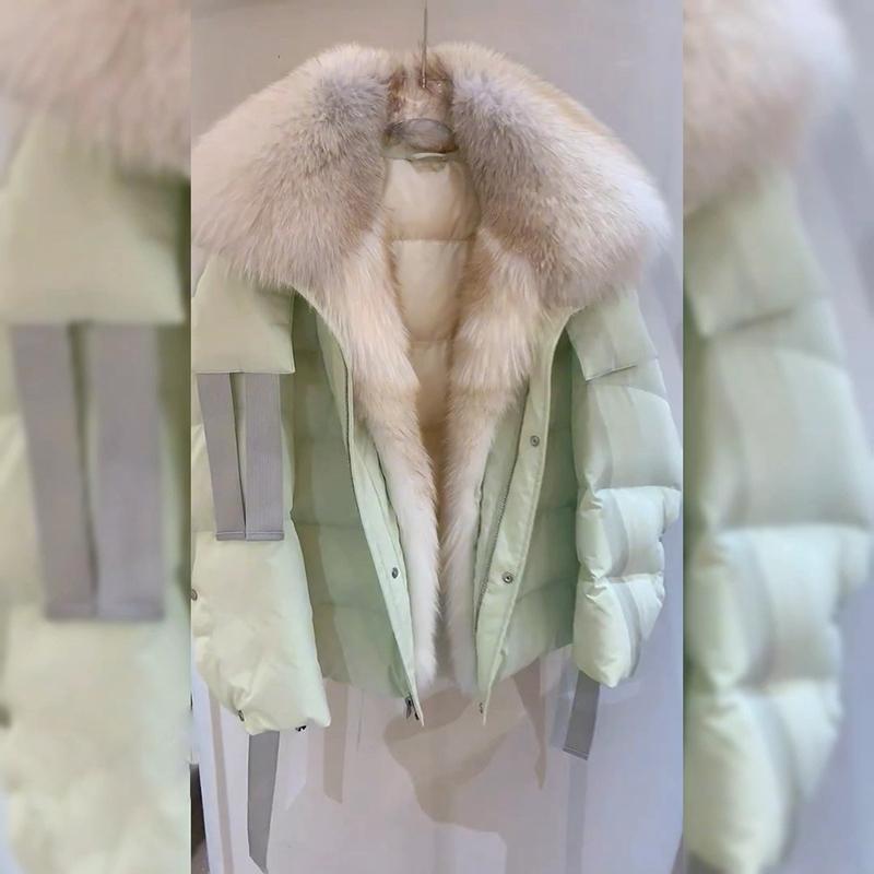 Winter Green Short Detachable Faux Fur Coat Women Down Jacket High End Fashionable Outerwear