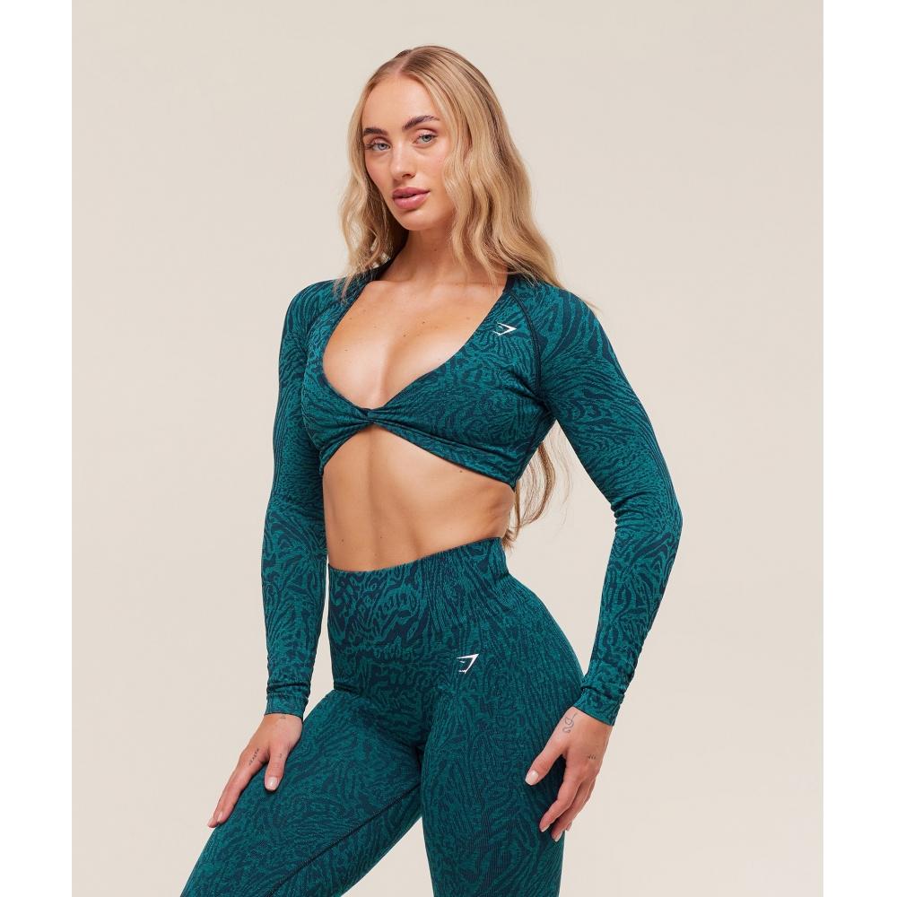 Gymshark Adapt Animal Long Sleeve Crop Top Navy Brand Blue B4c2z Udxw