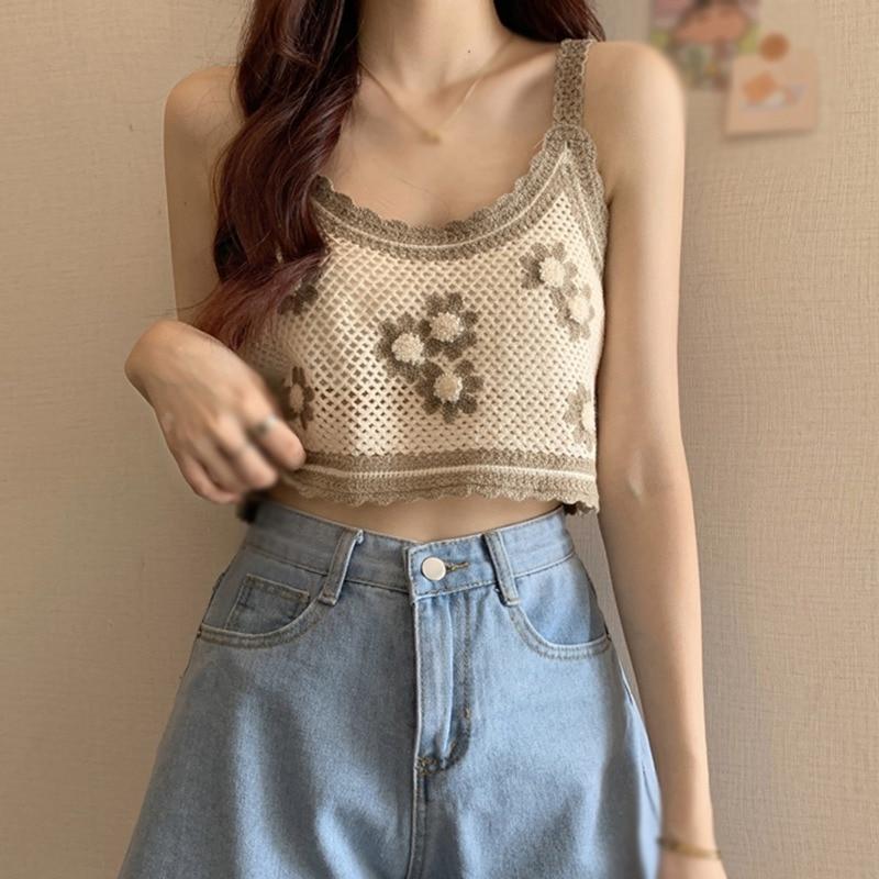 Vintage tílko Bohemia pletené květiny tílko letní barevně sladěné tkané krátké háčkované top pro ženy