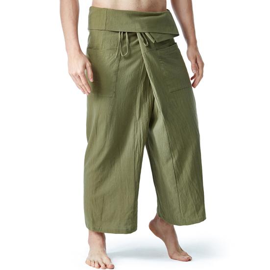 Thai Fisherman Pants Summer Solid Color Drawstring Wide Legs Pockets Menswear Flax