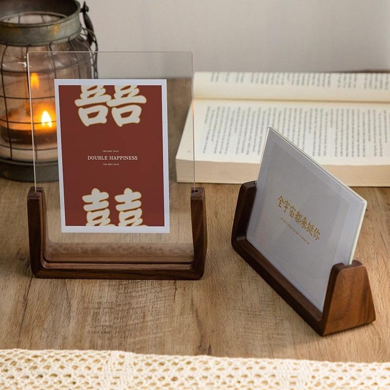 Modern U Shaped Acrylic Photo Frame Walnut/Beech Base Transparent Desktop Decor for Home Office Photo Display Gift