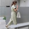 Johnature Summer Short Sleeve Women V-Neck Casual Drawstring Cropped Straight Women Jumpsuits