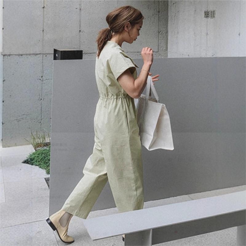 Johnature Summer Short Sleeve Women V-Neck Casual Drawstring Cropped Straight Women Jumpsuits