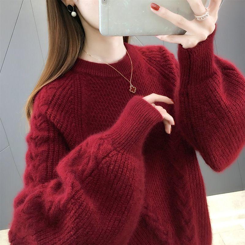 Maglione da Donna con Maniche a Lanterna Larghe Base Lavorata a Maglia Top a Fiore Intrecciato