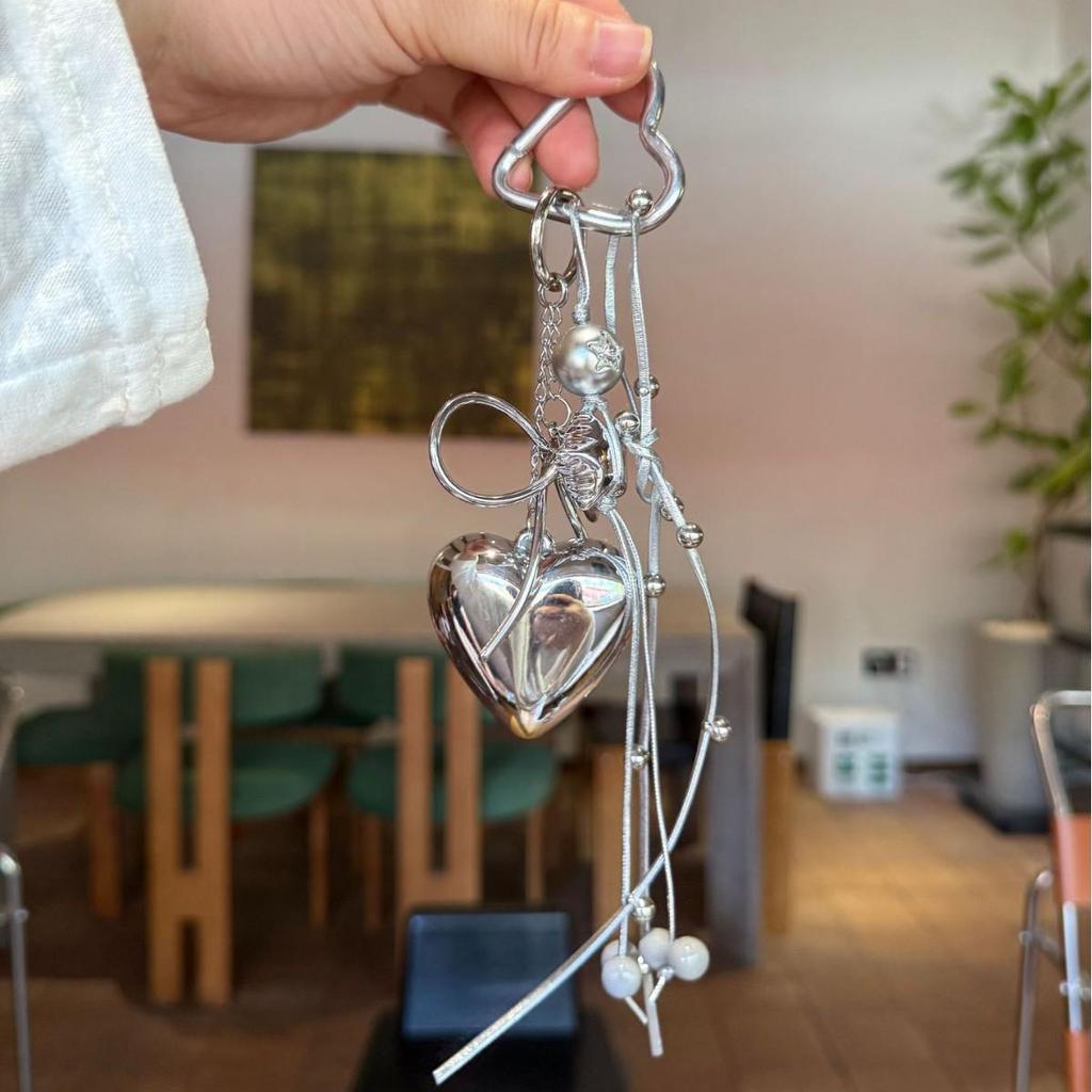 Miu-Style Minimalist Silver Heart Bag Charm Keychain