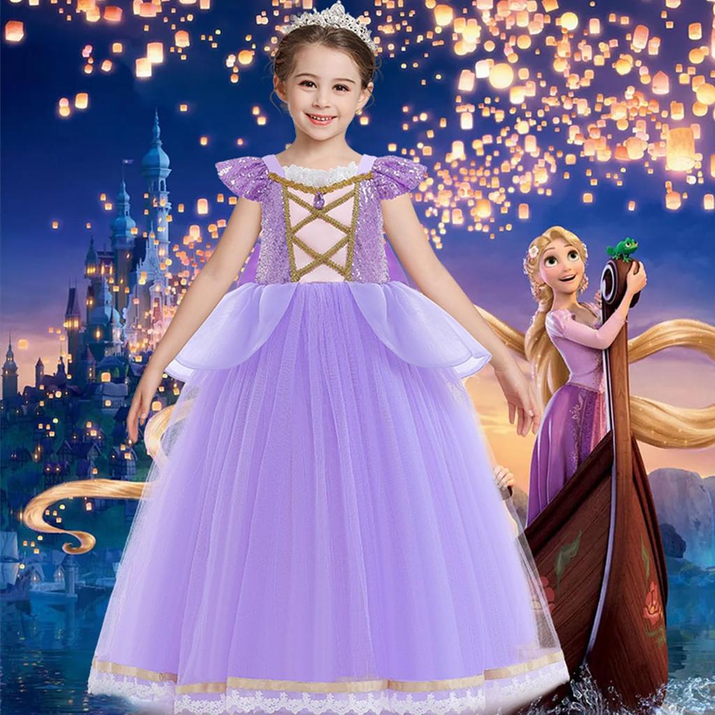 QOOLY Rapunzel-style Dress for Kids, Disney Princess Dress, Halloween Costume, Purple, 130cm